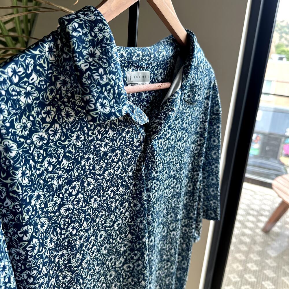 PGA Tour Pro Series Mens 2XL Floral Button Up Shirt Blue Resort Vacation Coastal - Picture 3 of 8